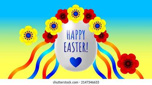 Greeting Easter horizontal card in vector with white Easter egg in a wreath of flowers and ribbons. Happy Easter!