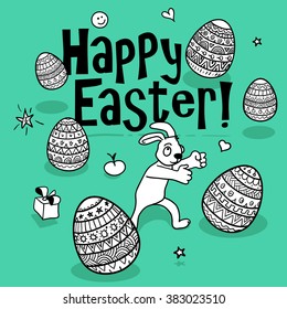 Greeting Easter Postcard: "Happy Easter" in Doodle Style. Funny Easter Bunny with Decorated Eggs. Vector Illustration