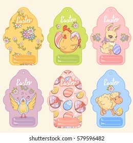 Greeting Easter tags set with cute animals colored eggs and chamomiles in cartoon style isolated vector illustraton