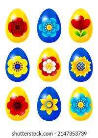 Greeting Easter vertical card in vector with blue and yellow Easter eggs with floral pattern. Easter egg set.