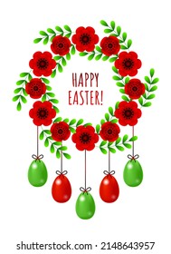 Greeting Easter vertical card in vector with green and red Easter eggs and flower wreath on white background. Happy Easter!