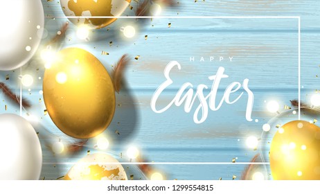 Greeting Easter web banner. Beautiful background with realistic white and gold Easter eggs, sparkling golden confetti, shining garlands and chicken feathers. Holiday vector illustration.