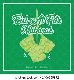 greeting eid al fitr mubarak or ramadhan kareem with ketupat or kupat (rice dumpling) illustration, green background for lebaran card, banner, web, design
