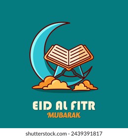 Eid Al Fitr Mubarak Cartoon Einfaches Design-Stil, mit niedlichem Al-Qur'an und blauem Hintergrund. Geeignet für Ramadhan oder islamische Veranstaltung.