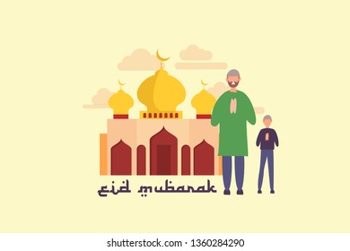 greeting eid mubarak. happy ramadan concept with tiny people character for web landing page template, banner, flyer and presentation. islamic eid fitr or adha flat design. vector illustration