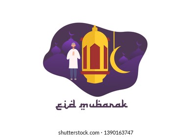 greeting eid mubarak. happy ramadan concept with tiny people character for web landing page template, banner, flyer and presentation. islamic eid fitr or adha flat design. vector illustration