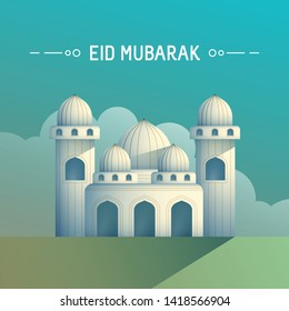 Greeting eid mubarak. Ramadan concept with mosque in the morning for web landing page template, banner, flyer and presentation. islamic eid fitr or adha long shadow design