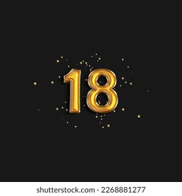 Greeting eighteen years anniversary celebration. Birthday number 18 gold foil balloons. Anniversary sign for happy holiday, celebration, birthday. Golden numbers with sparkling confetti star.