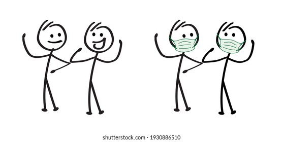 Greeting with elbows, vector icon. Stick figure man with face mask. give one elbow bump. an alternative to handshake and a hugging and safe greeting to prevent the spread of the coronavirus, Arcturus