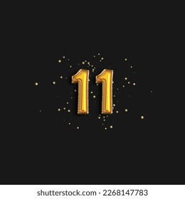 Greeting eleven years anniversary celebration. Birthday number 11 gold foil balloons. Anniversary sign for happy holiday, celebration, birthday. Golden numbers with sparkling confetti star.