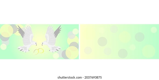 A greeting envelope with a bright and delicate background for the newlyweds, where two beautiful white swans fly over the wedding rings.
