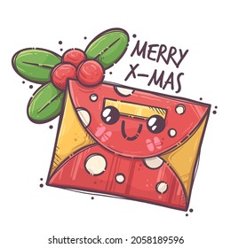 Greeting envelope with Christmas mistletoe. Magical Christmas character with cute face for posters, postcards, t-shirt prints. Merry x-mas - lettering quote. Vector hand drawn style illustration.