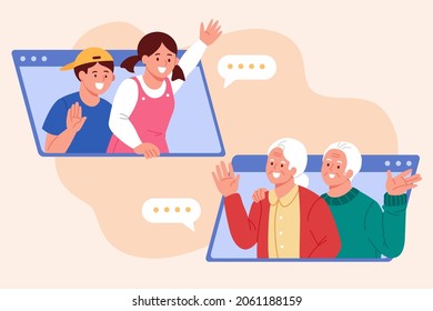 Greeting family via video call. Flat illustration of grandchildren meeting and saying hi to their grandparents online