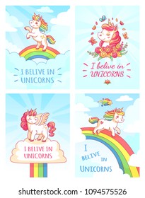 Greeting fantasy card writing design for girl with slogan I believe in unicorns . Rainbow colorful cute magic fairytale cartoon pink unicorn on sky typography poster print vector