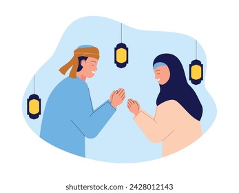 Greeting fellow Muslims when the holidays arrive, vector illustration.