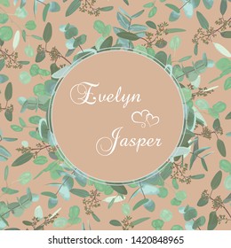 Greeting festive flyer, holiday card, vector. Elegant floral, greenery, collection design. Bouquet of eucalyptus hybridus Baby Blue spiral, populus, robusta. Wedding invitation on round background

