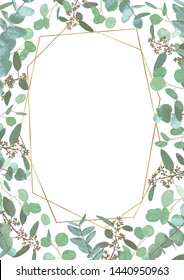 Greeting festive flyer, holiday card, vector. Elegant floral, greenery, semicircle collection. Bouquet of eucalyptus spiral, populus, robusta. Background grid with gold lines. Vertical rectangle 
