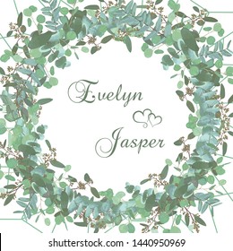 Greeting festive flyer, holiday card, vector. Elegant floral, greenery, collection design. Bouquet of eucalyptus hybridus Baby Blue spiral, populus, robusta. Wedding invitation on round background
