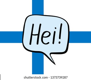 Greeting in the Finnish language. Speech bubble on the background of the flag of Finland