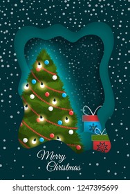 Greeting with fir-tree with colorful balls and garlands with round decorated and gift boxes. Congratulation card Merry Xmas and happy New Year vector