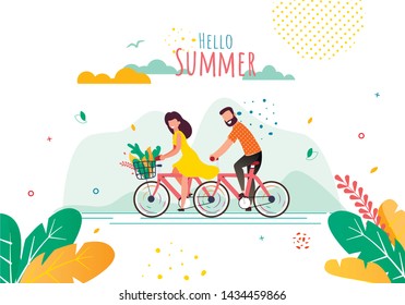 Greeting Flat Banner with Cartoon Cyclists. Hello Summer Lettering. Couple in Love, Man and Woman Riding Bicycle. Vector Illustration with Tropical Foliage Design. Active Recreation Outdoors