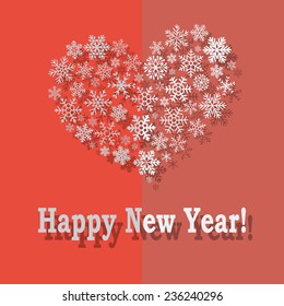 Greeting flat red card with a heart made up of a variety of paper snowflakes and shadow. Merry Christmas! Happy New Year!