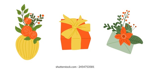 Greeting flat set of items for celebration in flat stylized style. Hand drawn floral compositions and modern decor for greeting cards. Botanical holiday celebrating concept