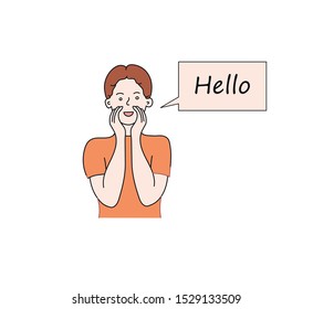Greeting flat vector illustration. Hey. Communication concept. Set of different poses of male and female character. Vector illustration in cartoon style. Vector