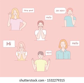 Greeting flat vector illustration. Hey. Communication concept. Set of different poses of male and female character. Vector illustration in cartoon style. Vector