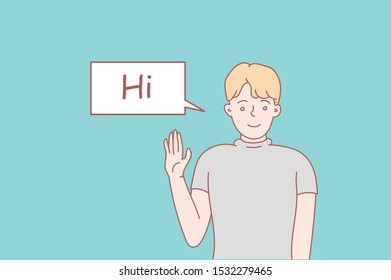 Greeting flat vector illustration. Hey. Communication concept. Set of different poses of male and female character. Vector illustration in cartoon style. Vector