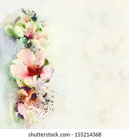 Greeting floral card with bright spring flowers on haze background in pastel colors