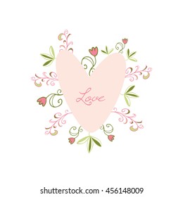 Greeting floral card. Curly leaves, branch of flowers elements. Heart design, Valentine day motif.  Love