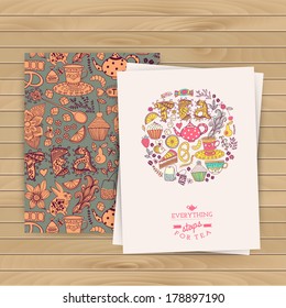 Greeting floral card. Tea Branding Design. Coffee and Tea design set cards. Sweet pattern. Coffee, tea, background, brand. Banner. Pattern complete . Invitation. Tea,sweets seamless doodle pattern