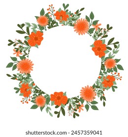 Greeting floral flat template with stylized plants. Spring or summer on white background. Flat hand drawn colored wreath with flowers. Trendy print design for interior decor, social media