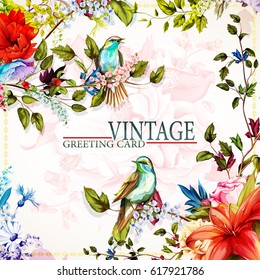 Greeting floral vintage card with flowers. Roses, wild flower, cornflower, poppy, lily of the valley and nightingale. This template can be used as other type of invitations and holidays. Vector.