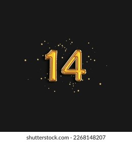 Greeting fourteen years anniversary celebration. Birthday number 14 gold foil balloons. Anniversary sign for happy holiday, celebration, birthday. Golden numbers with sparkling confetti star.