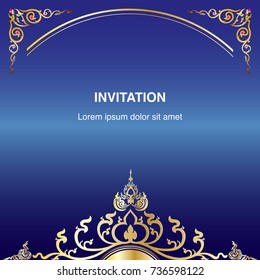 Greeting frame border or invitation background template design vector in vintage art style decoration blue and gold tone illustration eps 10 