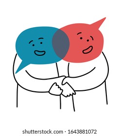 Greeting and friendly handshake. Understanding and communication concept. People with speech bubbles instead of heads. Teamwork. Politicians. Vector stock illustration outline and colour isolated