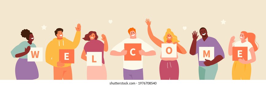 Greeting friendly people with a banner saying welcome and welcoming gestures. Vector illustration