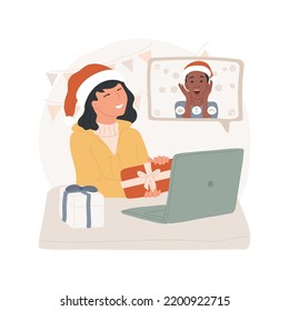 Grußfreunde einzeln Cartoon, Vektorgrafik. Junge lächelnde Teenager grüßen ihre Freunde mit Weihnachtsurlaub online, Kommunikation während des Coronavirus, Weihnachtszeit Vektorgrafik.