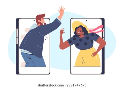 Grußfreunde auf Smartphone-Konzept. Mann und Frau auf dem Bildschirm. Kommunikation und Interaktion in sozialen Netzwerken. Poster oder Banner für die Website. Cartoon-Flavektor-Vektorgrafik