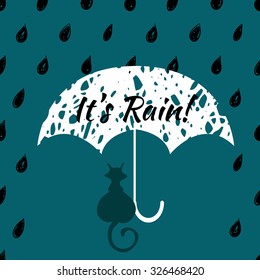 Greeting funny card with cat, rain and umbrella