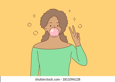 Greeting, gesture, positivity, peace concept. Young relaxed happy african american woman girl cartoon character chewing bubble gum showing two fingers peaceful sign. Positive gesturing illustration.