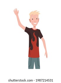 Greeting gesture of young boy waving his hand. Character in casual clothes say hello. Nation representative greets you with a smile on his face