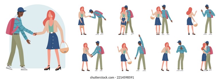 Greeting gestures of couple characters set vector illustration. Cartoon young happy man and woman meeting, standing and waving, raising hand, saying hello with embraces and kisses isolated on white