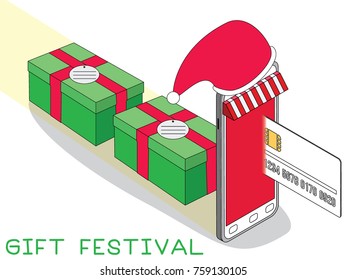 Greeting gift box Credit Card and Mobile Phone. Cartoon Design Vector Illustration.