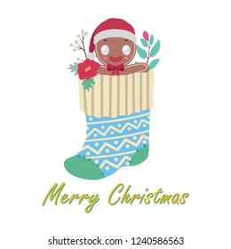 Greeting with gingerbread cookie man in stocking