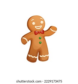 Greeting Gingerbread Man Character With Bow Tie, Icing Decoration. Funny Christmas Cookie Waving His Hand. Traditional Sweet Xmas Ginger Biscuit.