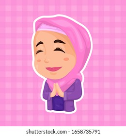 Greeting Girl in Pink Hijab can be used for social media banner, blog post, or any digital and print stuff