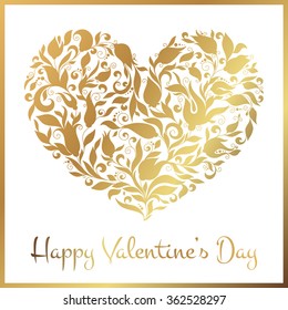 Greeting gold heart elements for design. Vector illustration. Bright illustration, can be used as greeting card, invitations for wedding, birthday, valentine's day .Paisley Doodle Flowers Design.